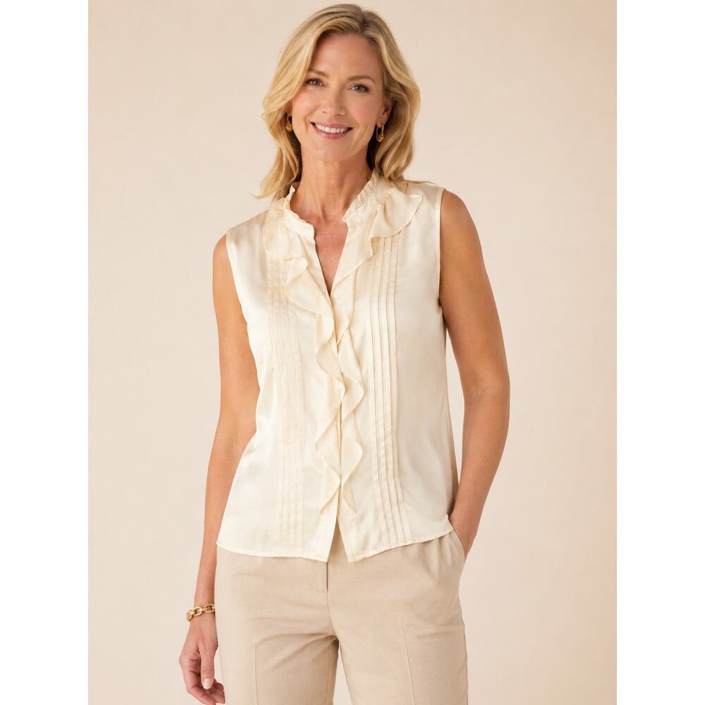 Talbots Silk Cream Pleated Sleeveless Button Blouse Women’s 12 NEW with Flaw